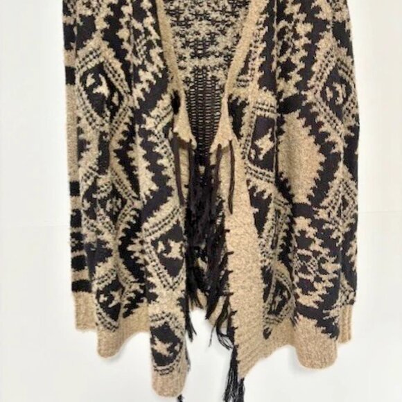 Cato Beige Black Gold Metallic L Drape Open Front Tribal Cardigan Fringe Boho - Picture 2 of 9